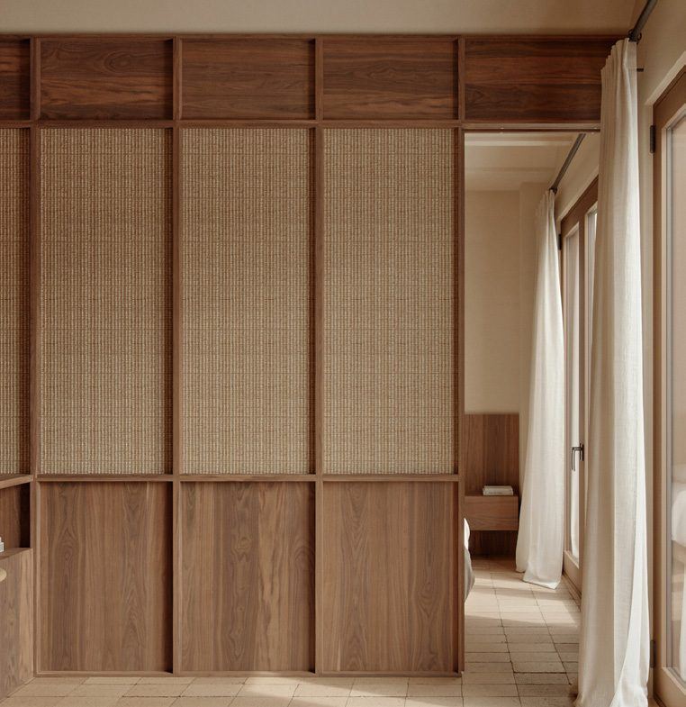 Walnut screen with woven panels